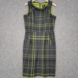 R&K Originals Dress Womens 12 Black Green Plaid Collared Sheath Pockets Career